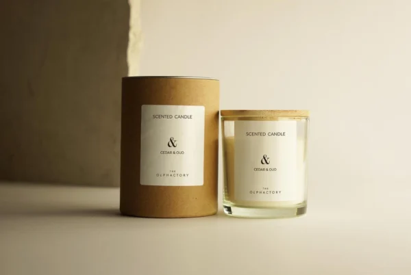 Ensemble de bougie parfumée au cèdre et oud avec packaging élégant en verre et boîte en carton écologique, parfait pour les cadeaux