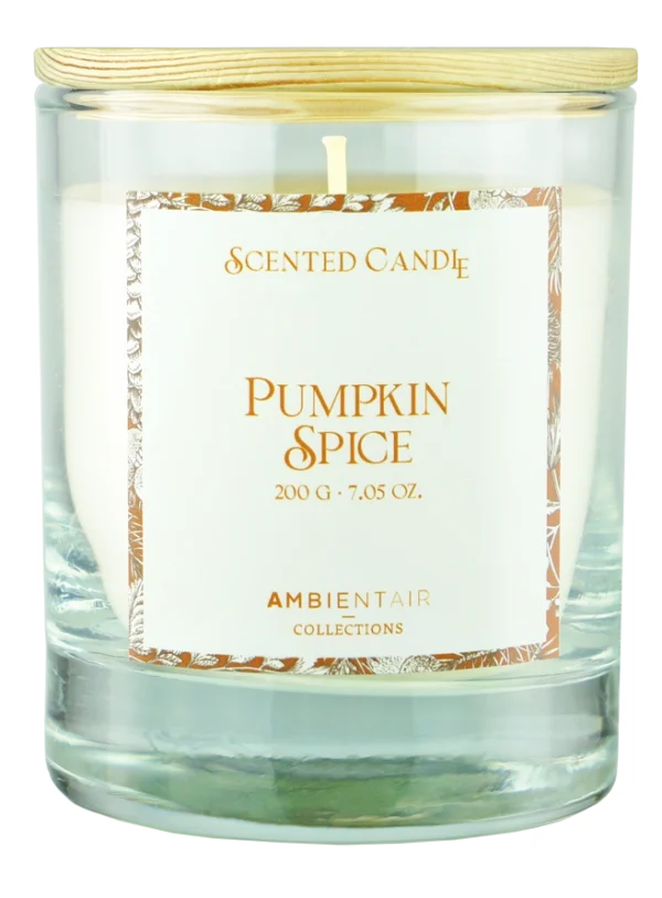 Bougie artisanale parfumée pomme au pumpkin spice dans un contenant en verre transparent, étiquetée 'SCENTED CANDLE', avec une cire naturelle de soja de couleur crème