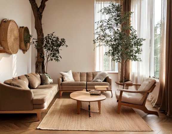 Salon au design naturel avec mobilier en bois, tons beige et marron, agrémenté de plantes vertes et d’un arbre central pour une ambiance chaleureuse et apaisante.